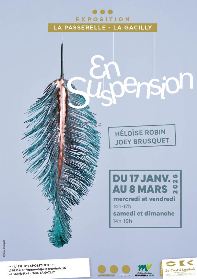 Exposition En Suspension, disponible du 17 janvier au 8 mars 2026 à La Passerelle de La Gacilly. Découvrez les œuvres d'Héloïse Robin et de Joey Brusquet le mercredi et vendredi de 14h à 17h et le samedi et dimanche de 14 à 18h.